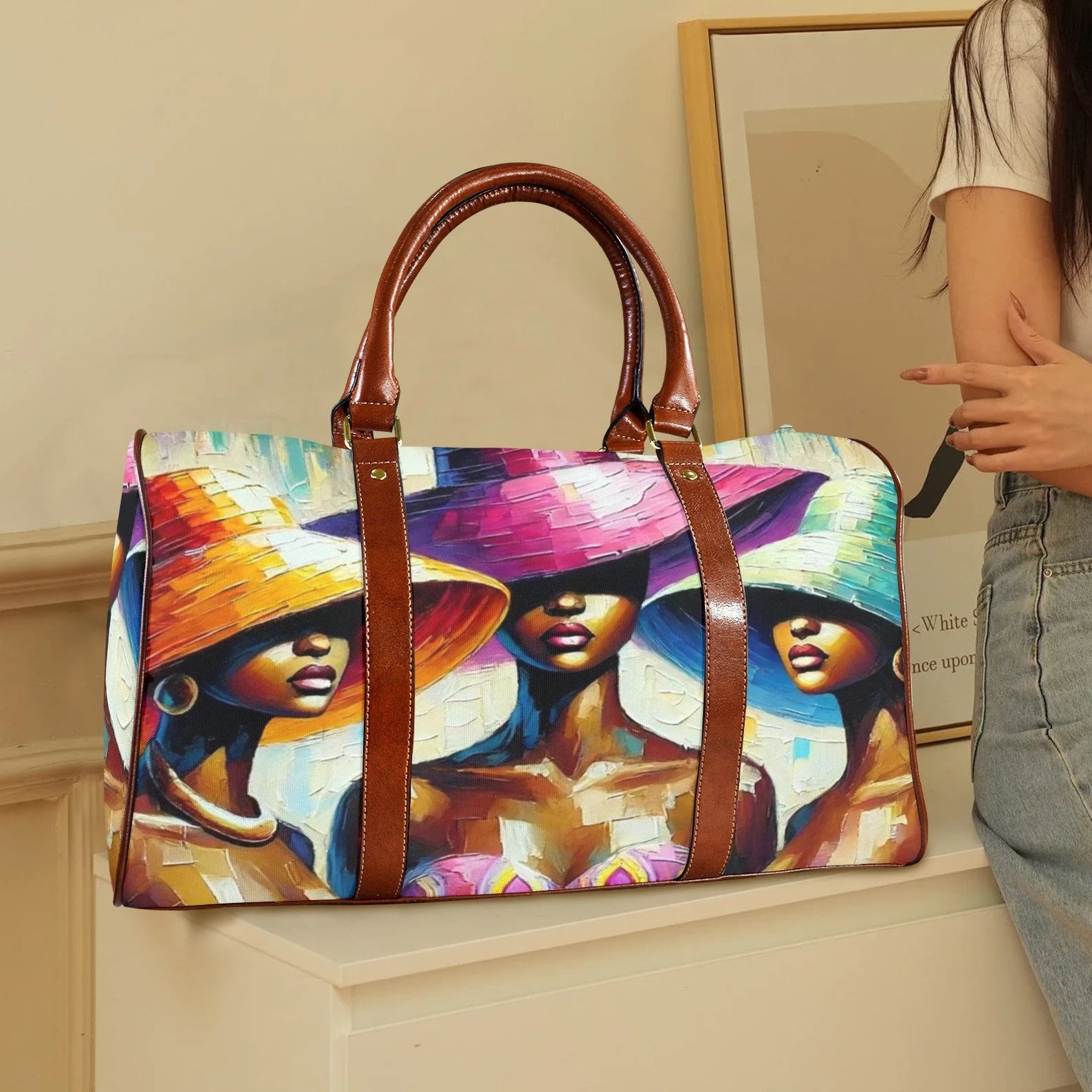Art-Inspired Large Capacity Travel Bag – Fashion Duffel Bag with Brown Leather Handles