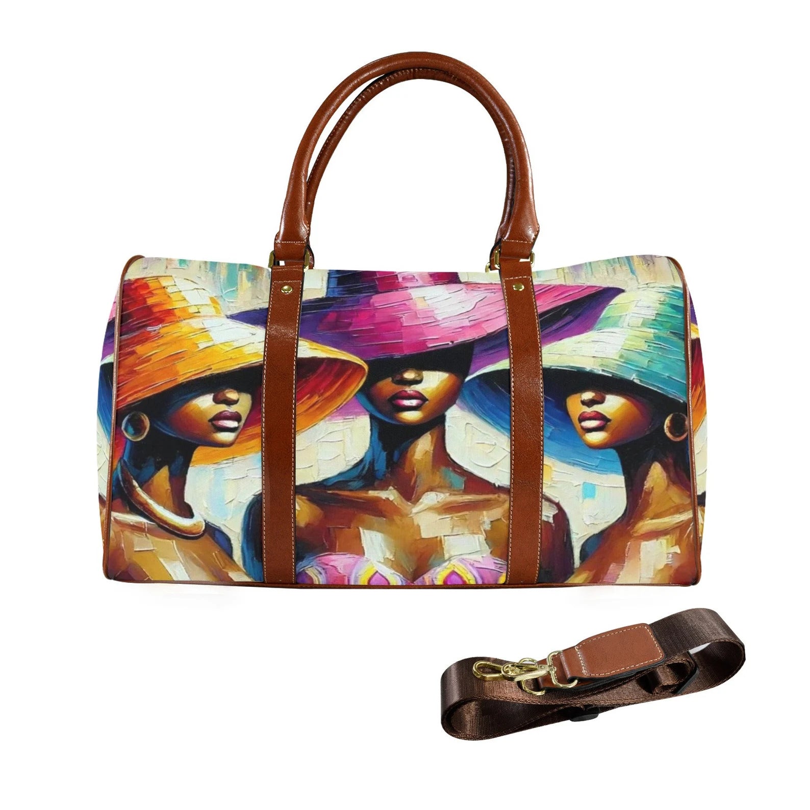 Art-Inspired Large Capacity Travel Bag – Fashion Duffel Bag with Brown Leather Handles