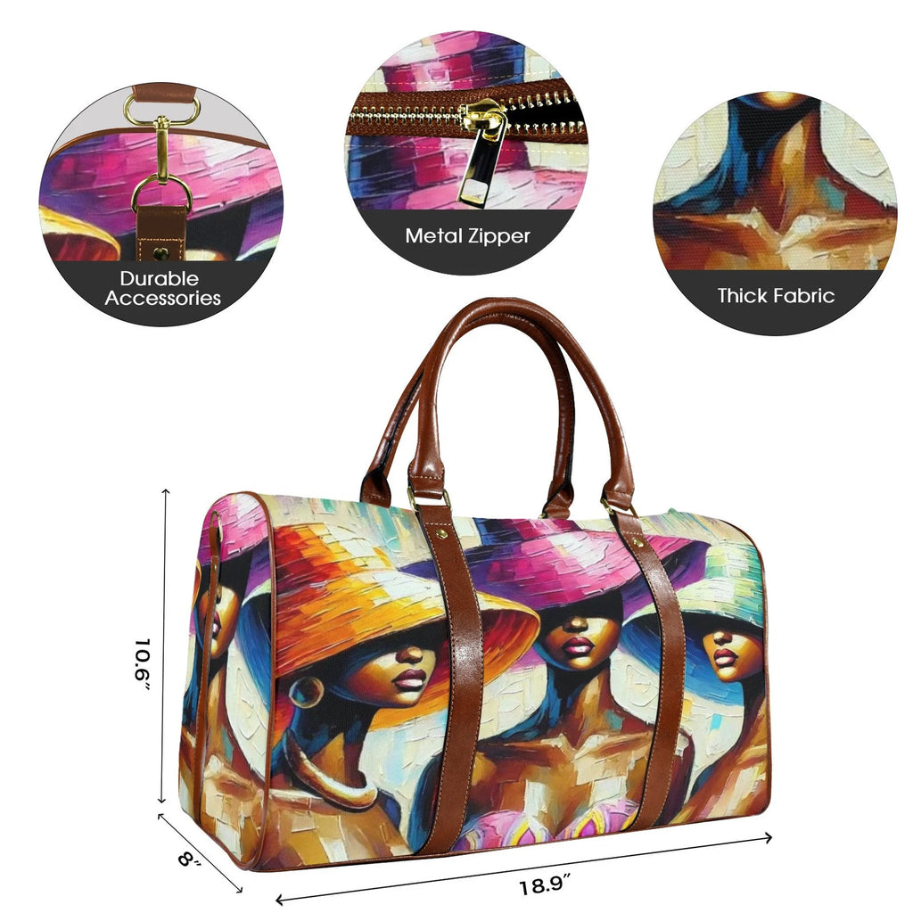 Art-Inspired Large Capacity Travel Bag – Fashion Duffel Bag with Brown Leather Handles